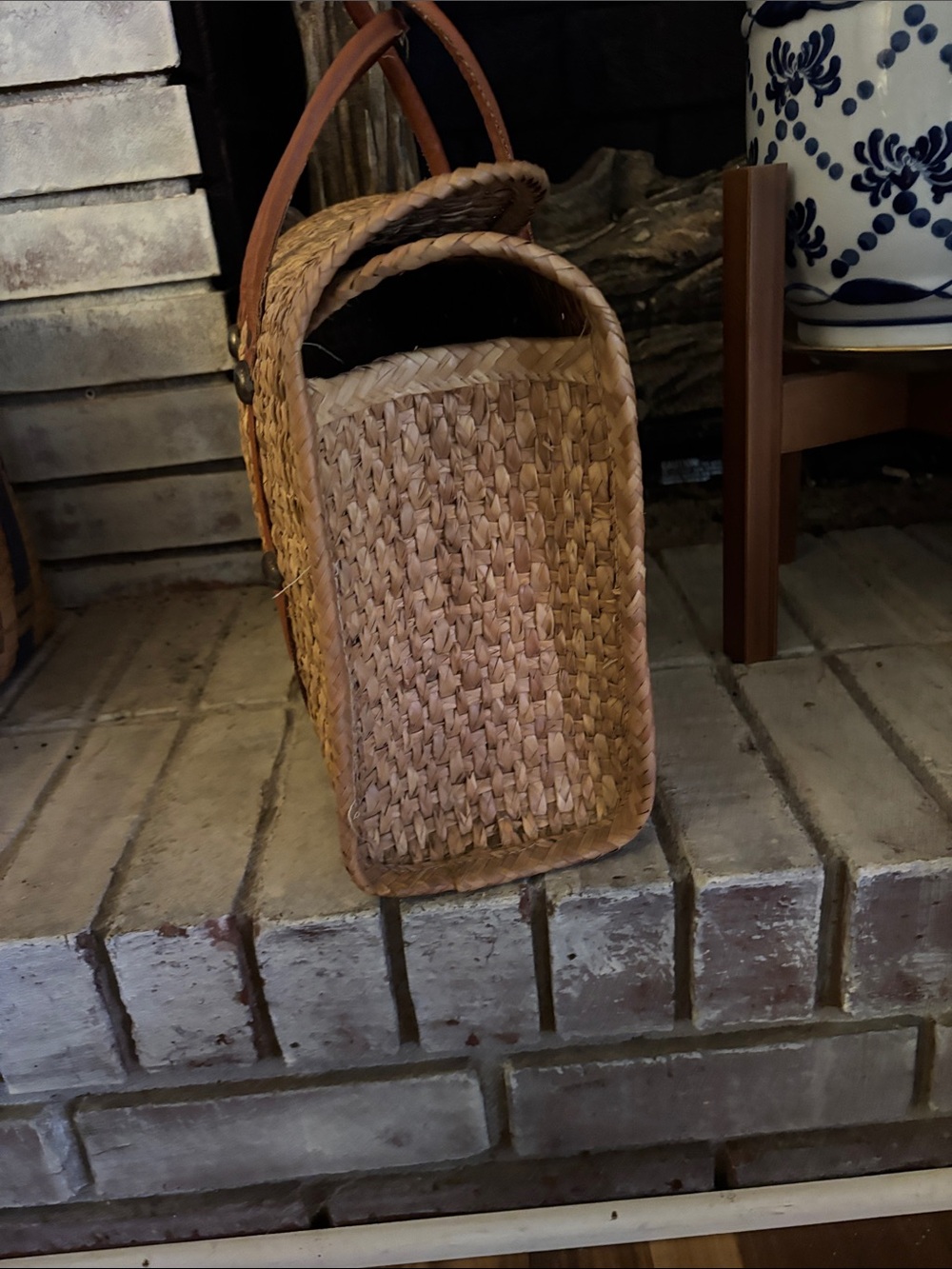 Vintage Woven Straw Tote with Brown Leather Handles - Picture 5 of 7